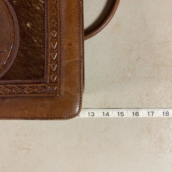 Vintage 70's Aztec Mont-Abur Tooled Leather Cow Hide Brown Handbag from Mexico - Picture 13 of 16